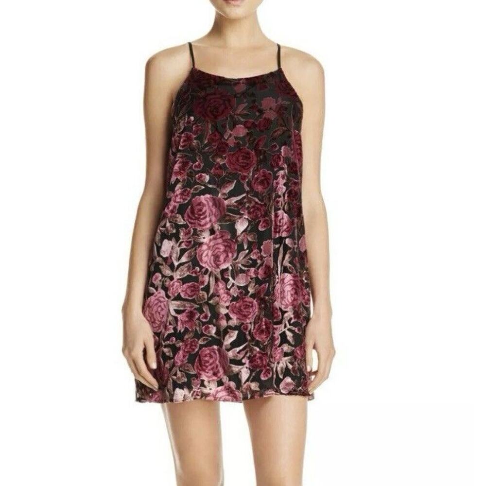 Y2K Womens Juniors Mini Dress Sleeveless Velvet Burnout Rose Floral Pink Black L